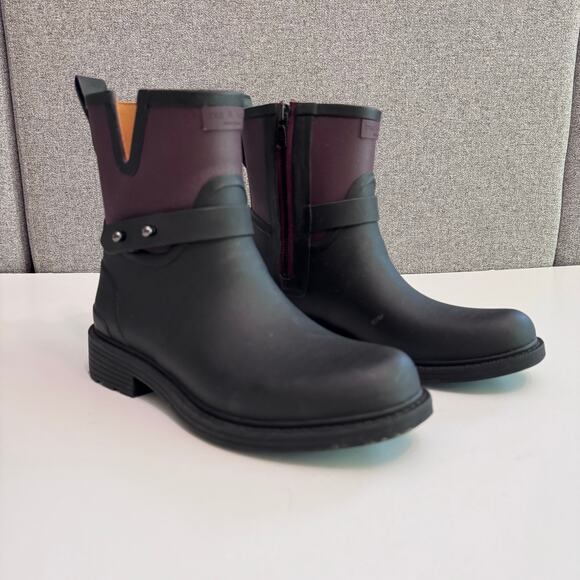 Rag & Bone Shoes Women 37 Black Moto Rubber Rain Boot Zip Strap Stud Detail - Picture 1 of 16